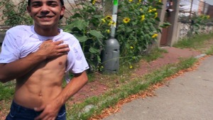 attractive man with dyed hair receives plowed outside